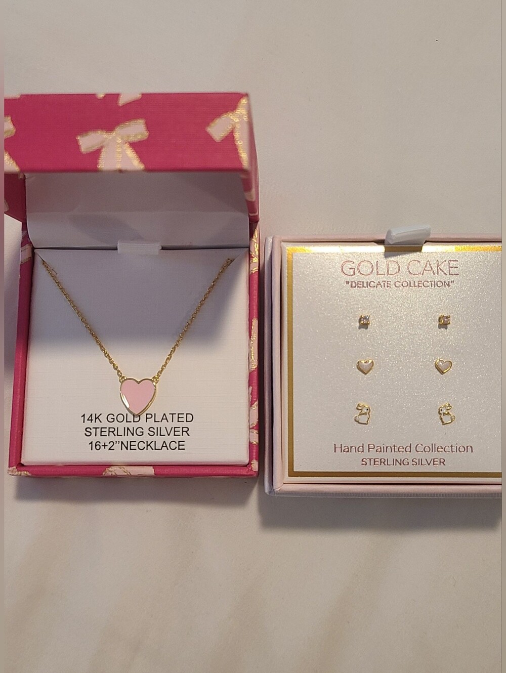 Dainty Pink and White Jewelry Set - Pink Heart Necklace and Bunny Earrings - Picture 2 of 3